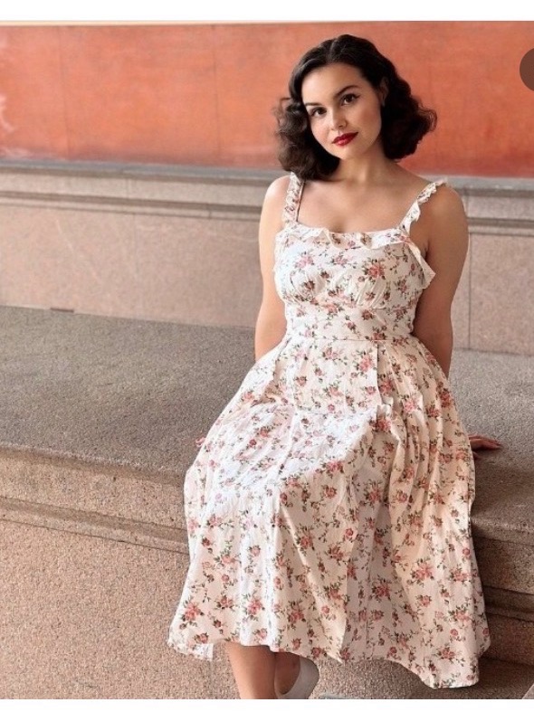 Belle Poque Floral Ruffle Sundress - Cream With Pink Roses. Xl